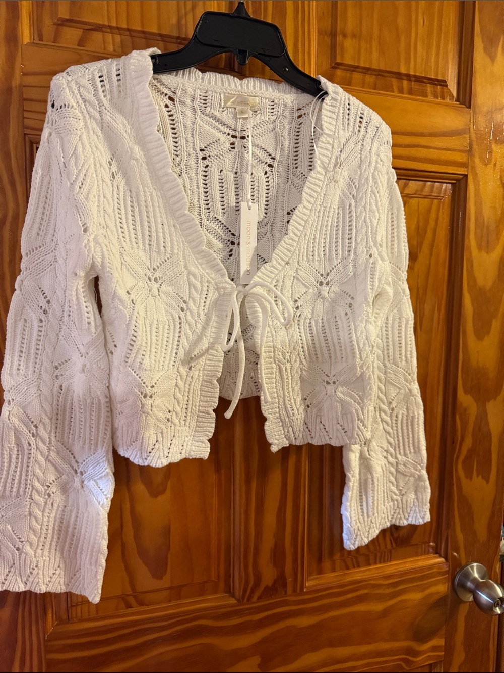 moon & madison White Open-Knit Tie-Front Cropped Cardigan